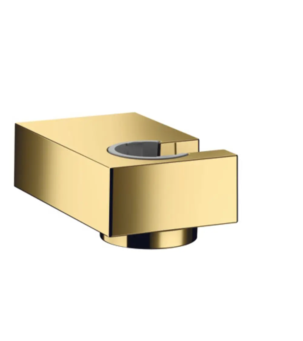 Brausehalter in glänzendem Gold von Hansgrohe, rechteckige Form mit Aussparung für die Duschbrause, stabiler Sockel für wandmontierte Anwendung.